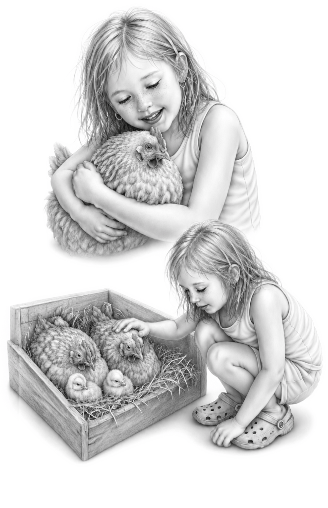A young girl joyfully embraces a chicken while smiling, and another scene shows her gently petting hens and chicks in a wooden crate.