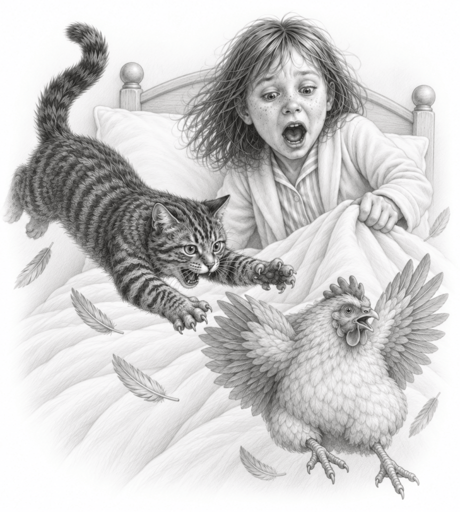 A frightened young girl in bed screams as her striped cat leaps towards a startled chicken, with feathers floating around them.