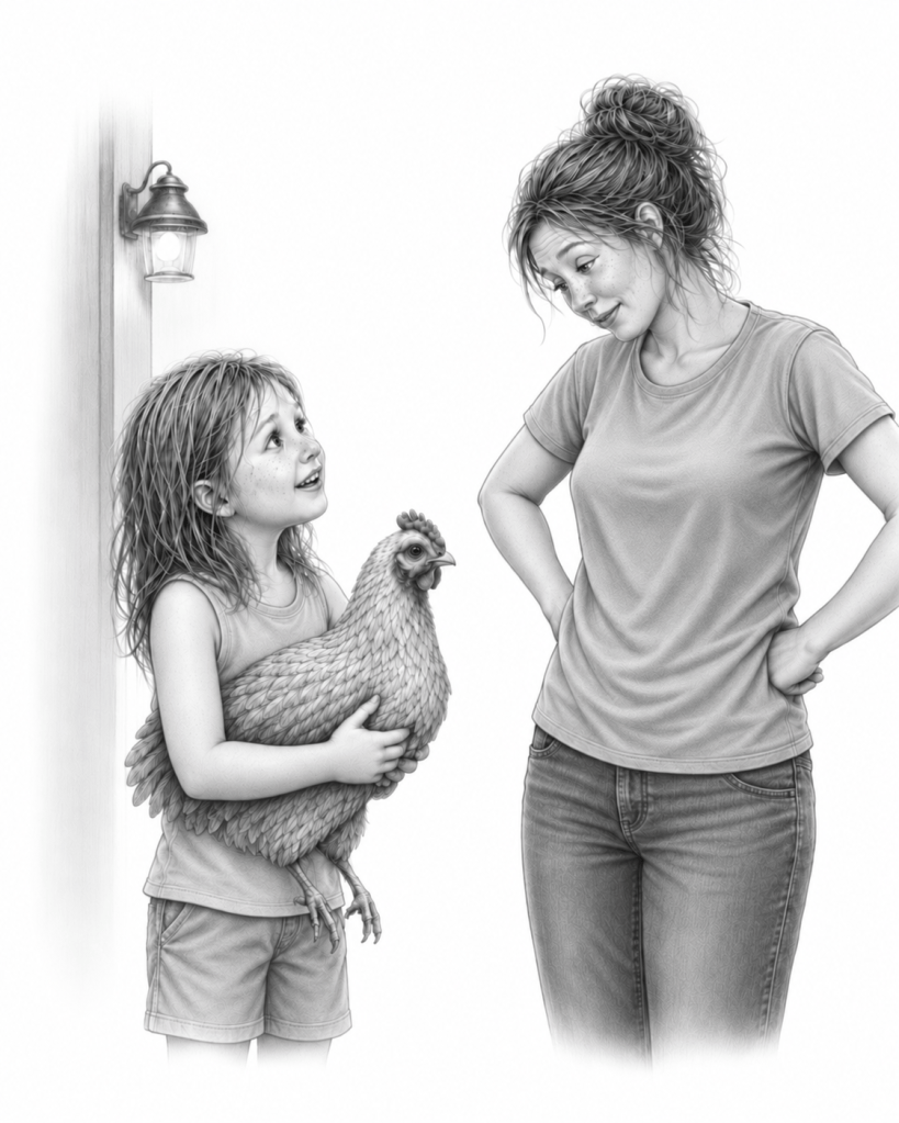 A young girl with long hair joyfully holding a chicken, while a woman in casual attire stands nearby, smiling at her.